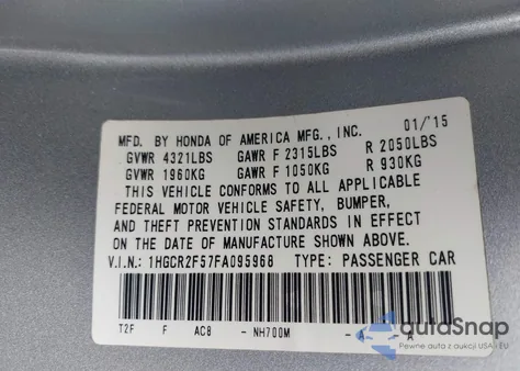 2015 Honda Accord Sport из США, поврежденный, VIN 1HGCR2F57FA095968